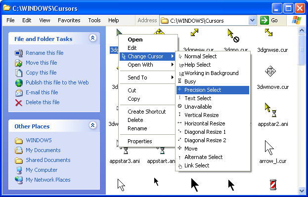Změna kurzoru z kontextového menu Průzkumníka (screenshot).