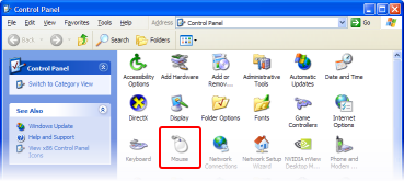 Control Panel with Mouse properites highlighted.