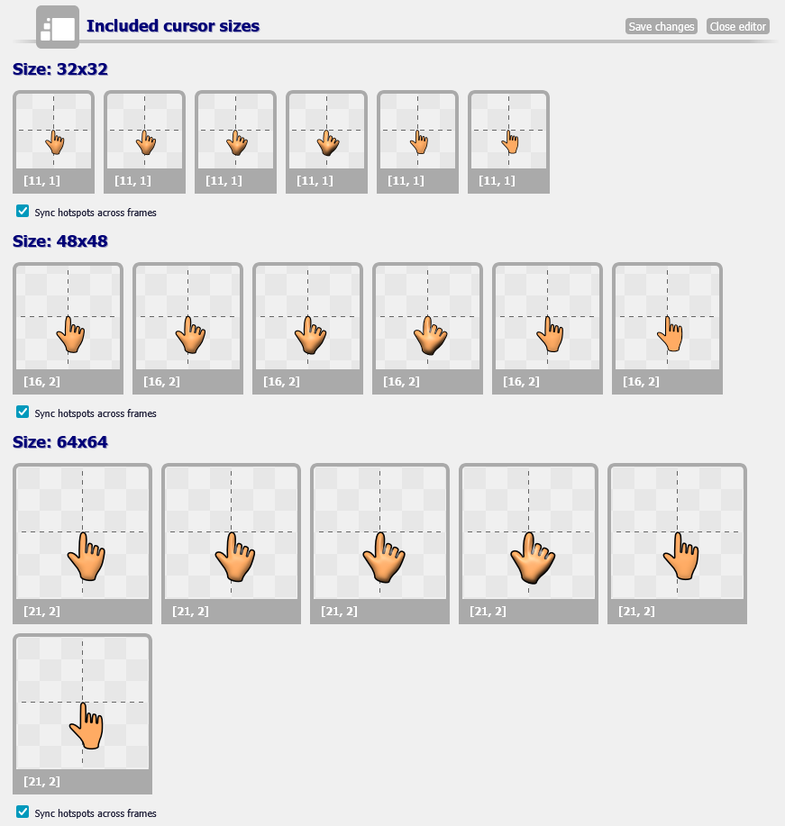 A screenshot of an animated cursor's hot spot being edited on it's cursor page. Sync hotspots across frames is enabled. image