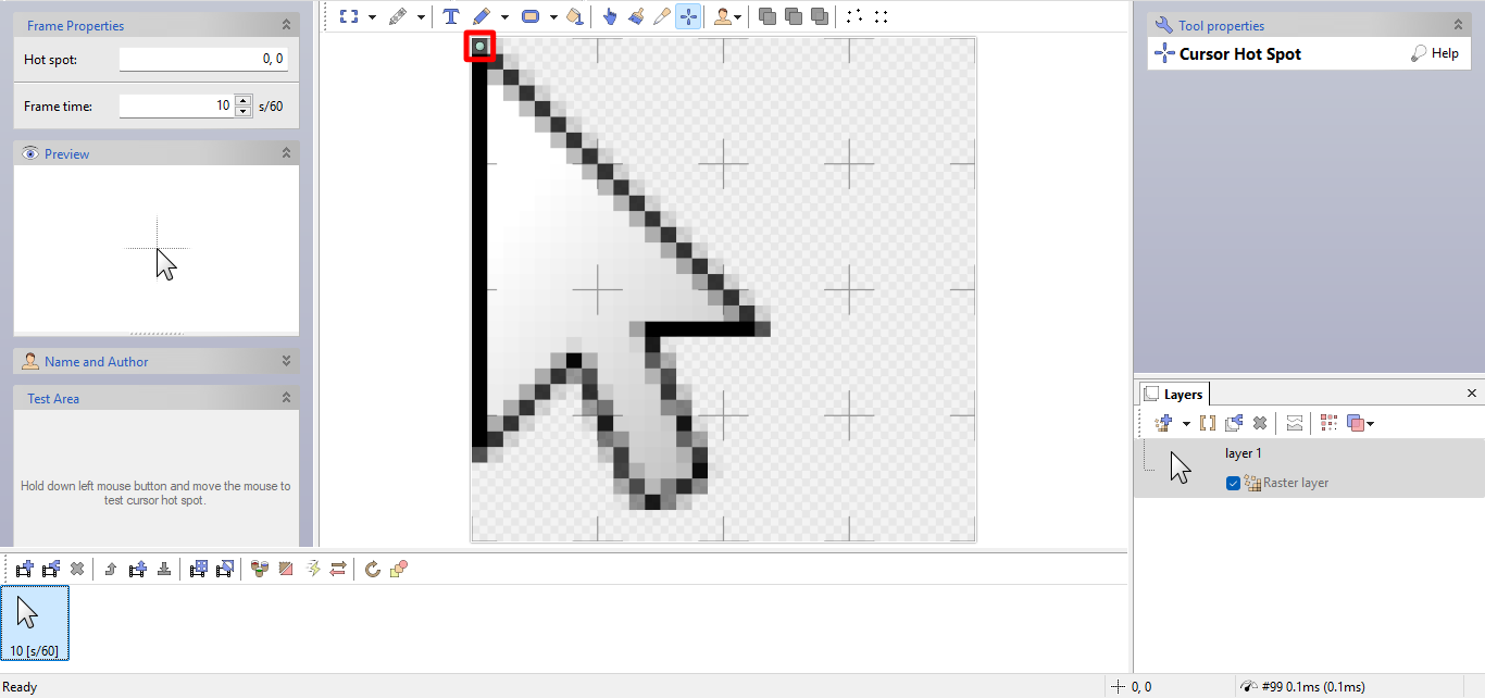 A screenshot of RealWorld Cursor Editor with the hot spot tool selected. The cursor's hot spot (the green dot) is outlined in red. image