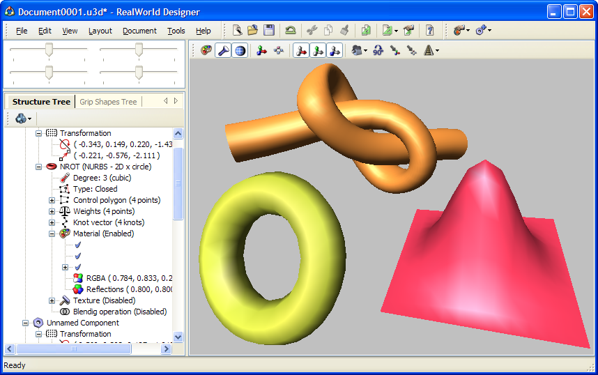 Various NURBS surfaces in RealWorld 3D Graphics Editor