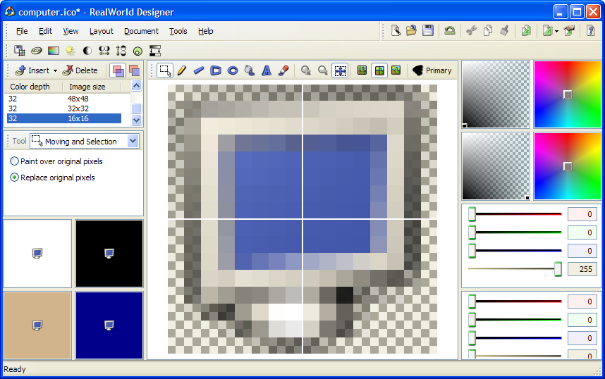 Vieweing the 16x16 pixel image in RealWorld Icon Editor