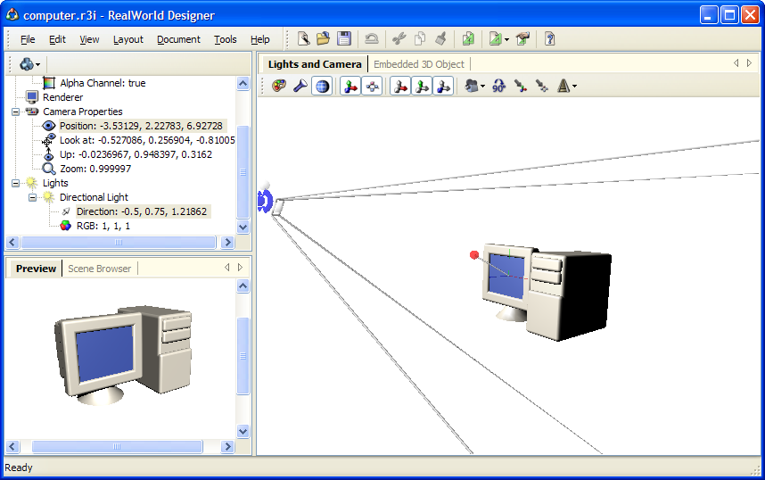 Setting camera, lights, and rendering device configuration in RealWorld Icon Editor